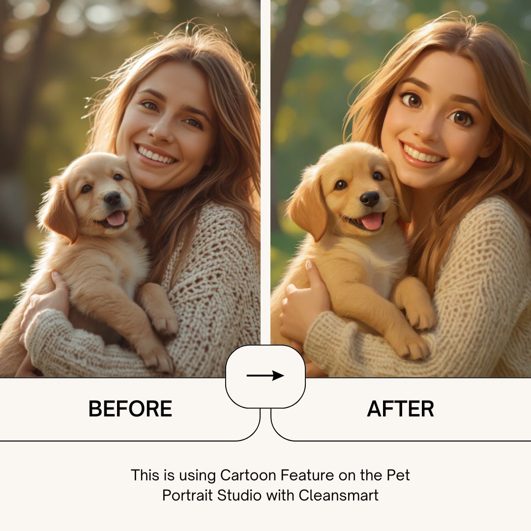 Before and after example of a woman and her puppy transformed with the Cartoon style